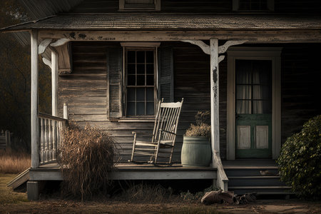 rustic farmhouse with weathered shingles and rocking chair on the porch, created with generative aiの素材
