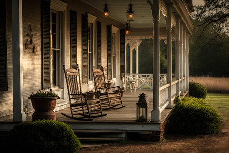 farmhouse with wrap-around porch, lanterns and rocking chairs, created with generative aiの素材