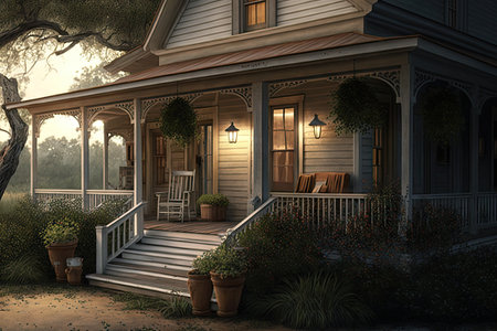 farmhouse with wrap-around porch, lanterns and rocking chairs, created with generative aiの素材