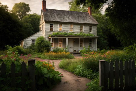 a farmhouse surrounded by a lush, green garden, created with generative aiの素材
