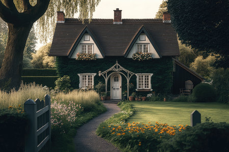 a farmhouse surrounded by a lush, green garden, created with generative aiの素材