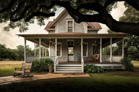 farmhouse with wrap-around porch and swing in front yard, created with generative aiの素材
