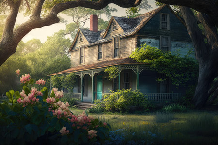 rustic farmhouse surrounded by lush greenery and blooming flowers, created with generative aiの素材