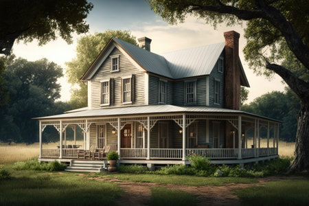 farmhouse with wraparound porch and rocking chairs on the exterior, created with generative aiの素材