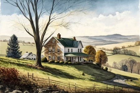 farmhouse with view of rolling hills and pasture land, created with generative aiの素材
