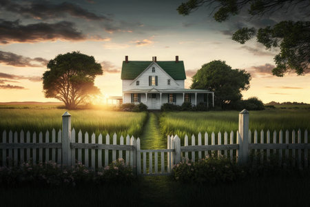 classic farmhouse surrounded by lush green lawn, with old picket fence and a view of the sunset, created with generative aiの素材