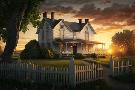 classic farmhouse surrounded by lush green lawn, with old picket fence and a view of the sunset, created with generative aiの素材