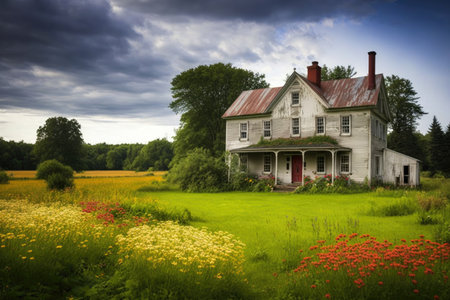 farmhouse surrounded by field of flowers and green pastures, created with generative aiの素材