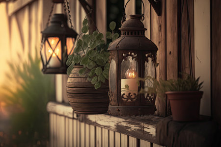 close-up of weathered wooden porch with hanging lanterns and potted plants, created with generative aiの素材