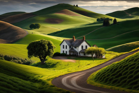 a farmhouse surrounded by lush fields and rolling hills, created with generative aiの素材