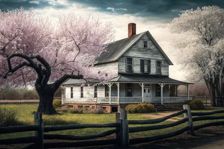 farmhouse surrounded by blooming cherry blossoms, created with generative aiの素材