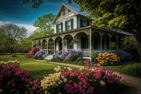 farmhouse with wrap-around porch and rocking chairs, surrounded by colorful blooming flowers, created with generative aiの素材