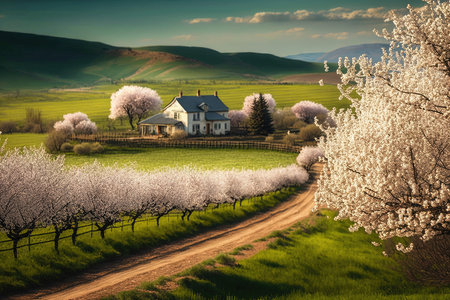 farmhouse surrounded by blooming cherry orchard, with view of the rolling hills, created with generative aiの素材
