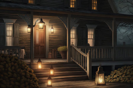 farmhouse with wooden porch and lanterns, created with generative aiの素材