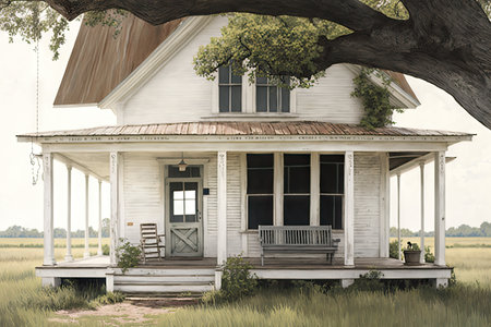 farmhouse with whitewashed exterior and porch swing, surrounded by fields, created with generative aiの素材