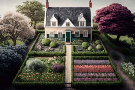 farmhouse with garden and vegetable patch, surrounded by blooming flowerbeds, created with generative aiの素材