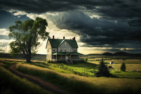 country farmhouse, with view of rolling green hills and dramatic skies, created with generative aiの素材