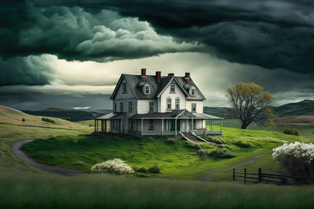 country farmhouse, with view of rolling green hills and dramatic skies, created with generative aiの素材