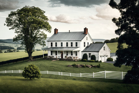 farmhouse exterior, with view of rolling hills and green pastures, created with generative aiの素材