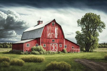 rustic barn with red exterior and white trim, surrounded by rolling pastures, created with generative aiの素材