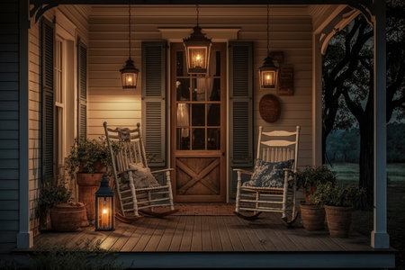 rustic farmhouse with wooden porch, rocking chairs, and hanging lanterns, created with generative aiの素材