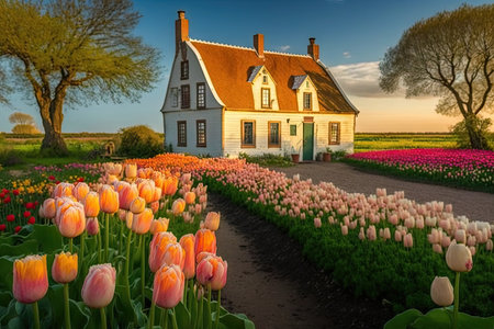 farmhouse surrounded by blooming tulips in springtime, created with generative aiの素材