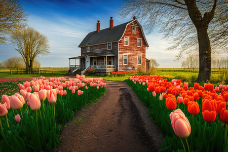 farmhouse surrounded by blooming tulips in springtime, created with generative aiの素材