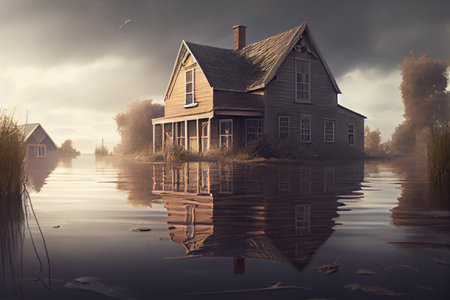 flood waters engulfing houses risks and consequences, created with generative aiの素材