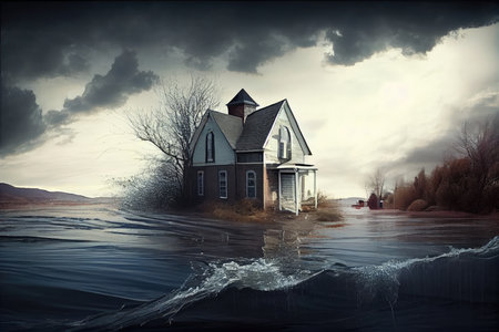 flood waters rising high and sweeping all on their way flood consequences, created with generative aiの素材