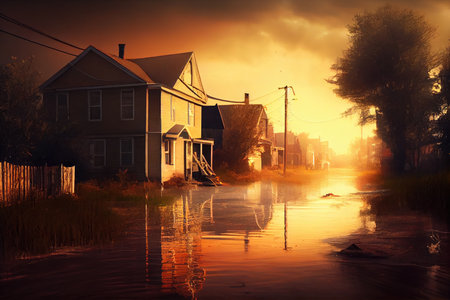 flood consequences dangerous socio-economic disaster in suburbs at dawn, created with generative aiの素材