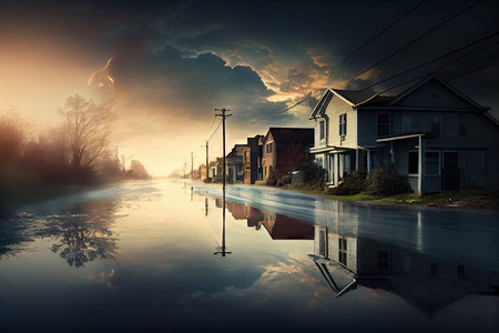 flood consequences dangerous socio-economic disaster in suburbs at dawn, created with generative aiの素材