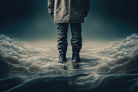 person standing in flood waters above knee, created with generative aiの素材