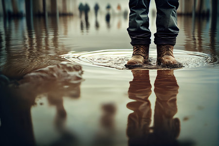 person standing in flood waters above knee, created with generative aiの素材