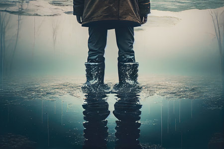 person standing in flood waters above knee, created with generative aiの素材