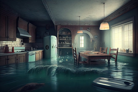 home flooded after toxic cocktail of heavy pollution and rain flood consequences, created with generative aiの素材