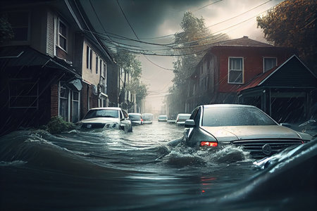 flooded street with cars and houses during heavy rainfall flood consequences, created with generative aiの素材