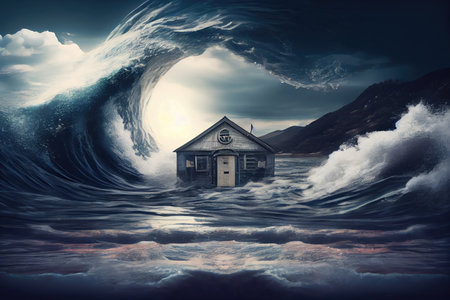 strong waves and high floods with flood consequences on planet, created with generative aiの素材