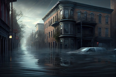 rising water and flood consequences in urban environment, created with generative aiの素材