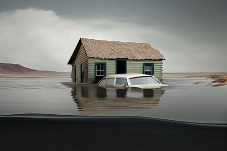 flood waters rising to roof of car, flood consequences, created with generative aiの素材