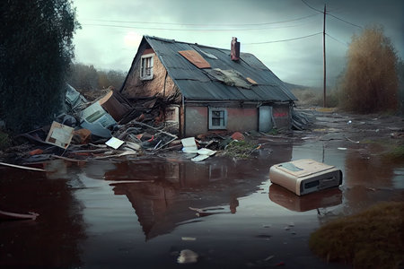 flood consequences and destruction of peoples belongings on wet ground, created with generative aiの素材