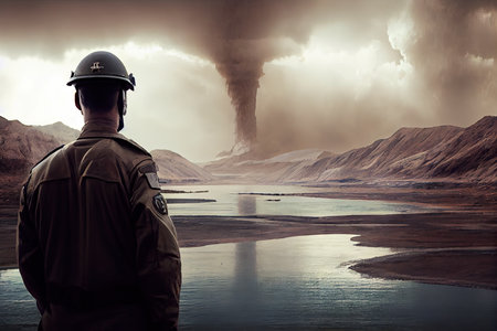 man in uniform watching large reservoir and flood consequences, created with generative aiの素材