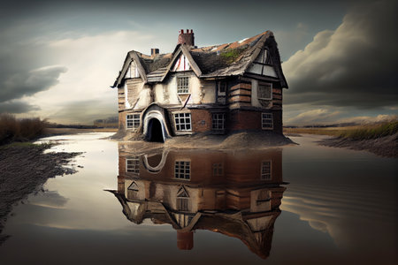 flood consequences in form of ruined houses filled with water, created with generative aiの素材