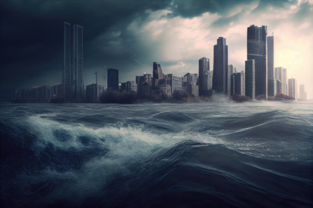flooding of city and consequences of strong winds blowing on water surface, created with generative aiの素材