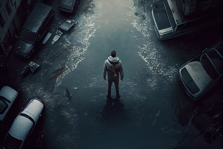 top view of man standing in middle of street flooded with water and debris, created with generative aiの素材