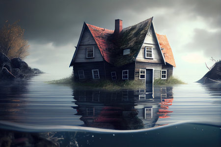 houses submerged under water in result of deluge and flood consequences, created with generative aiの素材