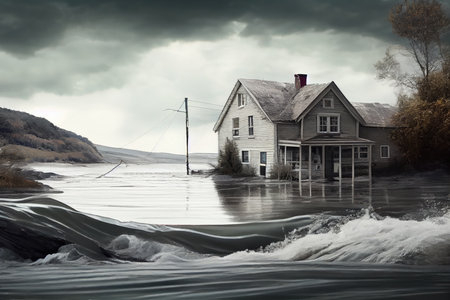 water rising on shore after storm and flood consequences, created with generative aiの素材