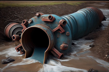 flood consequences and harm to infrastructure in form of broken water pipe, created with generative aiの素材
