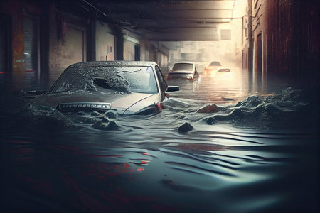 flooding streets of cars engulfed in water with flood consequences, created with generative aiの素材