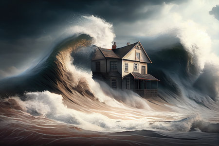 dangerous storm waves breaking on coast with consequences of flood, created with generative aiの素材