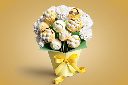 bouquet of white yellow flowers for birthday congratulations and candy like confectionary, created with generative aiの素材